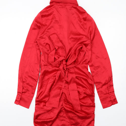 PRETTYLITTLETHING Womens Red Polyester Shirt Dress Size 8 Collared Button