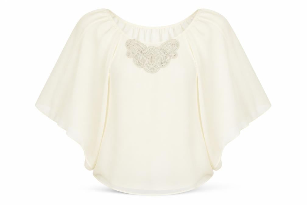 Front view of Caroline Morgan women’s ivory polyester basic blouse, size S, round neck - batwing sleeves neckline detail