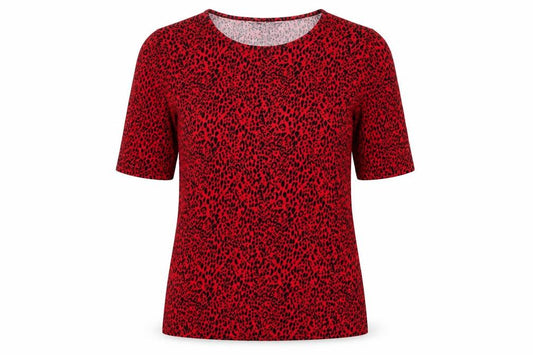 Front view of Principles women’s red animal print viscose basic t-shirt, size UK 10, round neck - leopard print