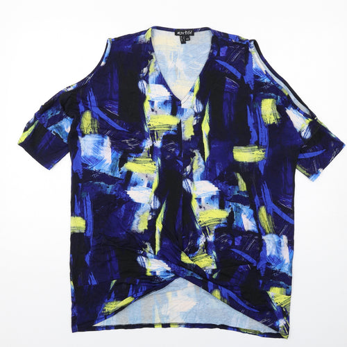 MARBLE Womens Blue Geometric Viscose Basic T-Shirt Size M V-Neck - Cold Shoulder Detail