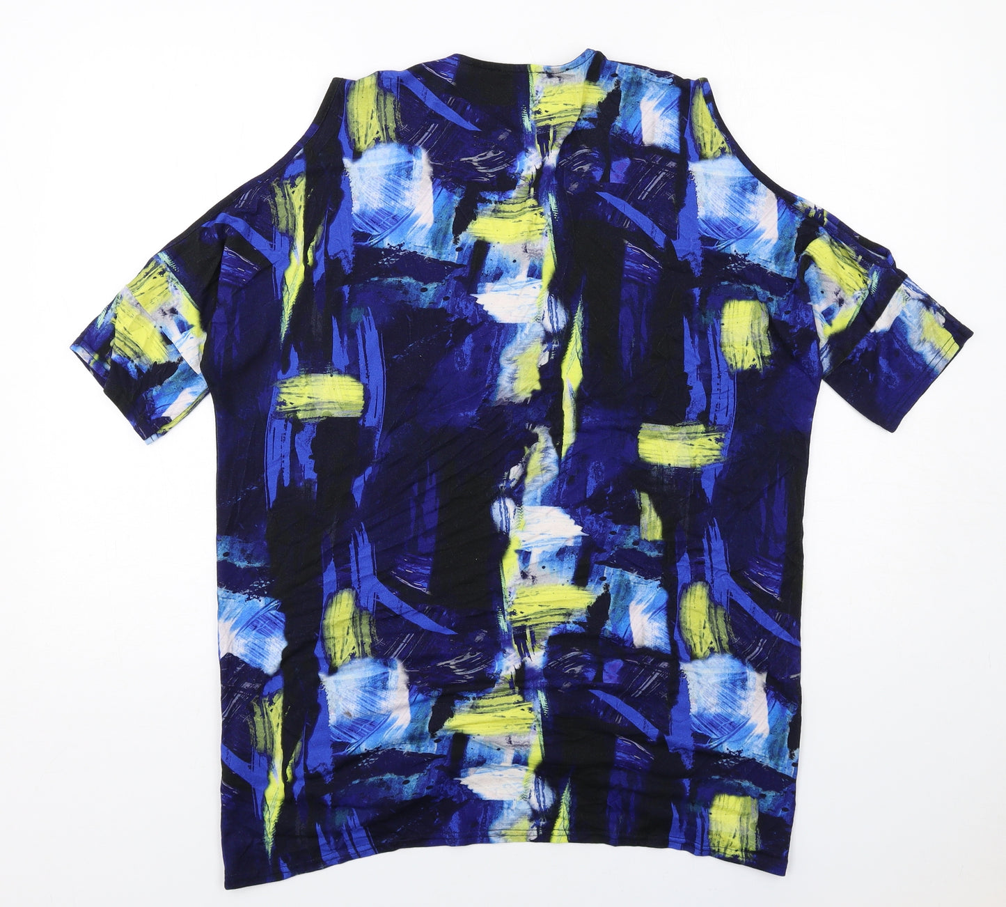 MARBLE Womens Blue Geometric Viscose Basic T-Shirt Size M V-Neck - Cold Shoulder Detail