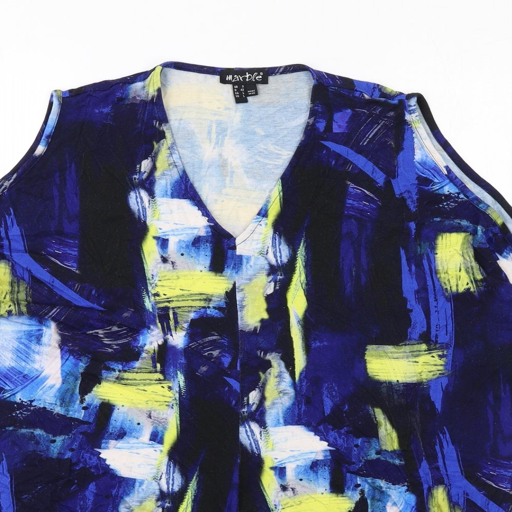 MARBLE Womens Blue Geometric Viscose Basic T-Shirt Size M V-Neck - Cold Shoulder Detail