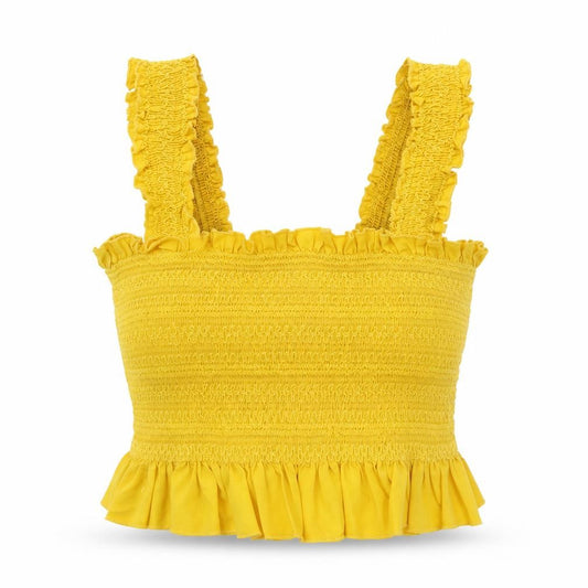 Front view of Forever 21 women’s yellow polyester basic tank, size S, square neck - shirred