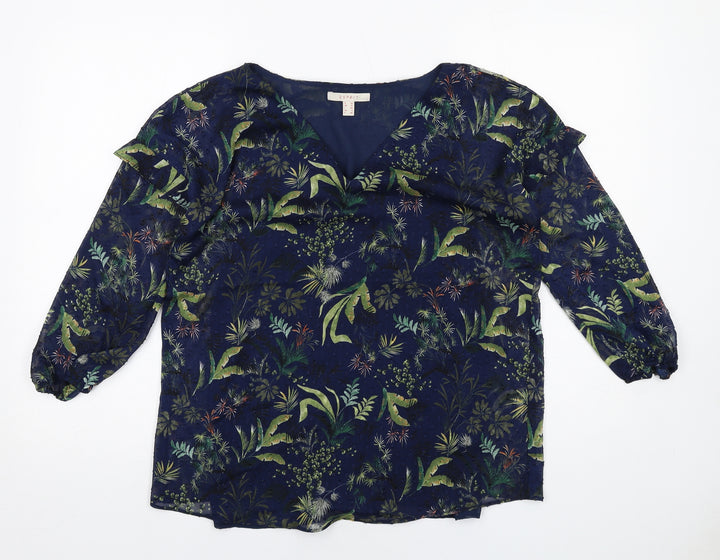 Esprit Womens Blue Geometric Polyester Basic Blouse Size 10 V-Neck