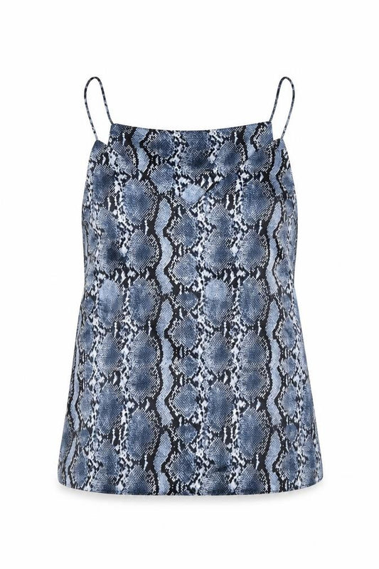 Front view of H&M women’s blue animal print polyester camisole tank, size UK 8, v-neck - snake skin print