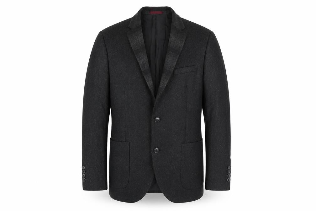 Front view of MOSS LONDON men’s black polyester jacket blazer, size 38, regular