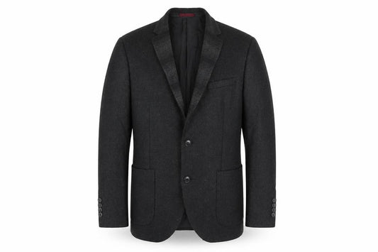 Front view of MOSS LONDON men’s black polyester jacket blazer, size 38, regular