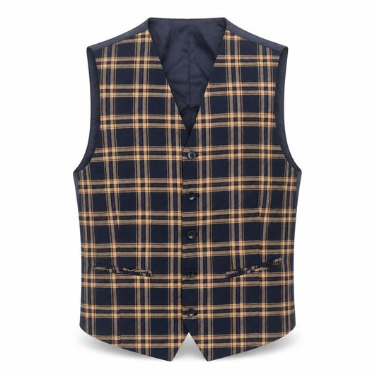 Front view of Boohoo men’s blue plaid polyester jacket suit waistcoat, size 38, regular