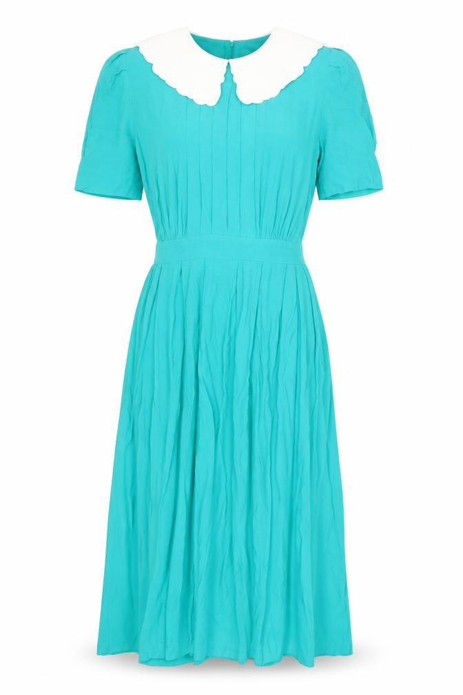 Front view of Karin Stevens women’s green rayon maxi, size UK 6, collared zip