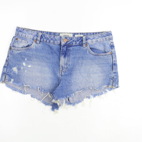 New Look Womens Blue Cotton Hot Pants Shorts Size 14 Regular Zip - Raw Hems