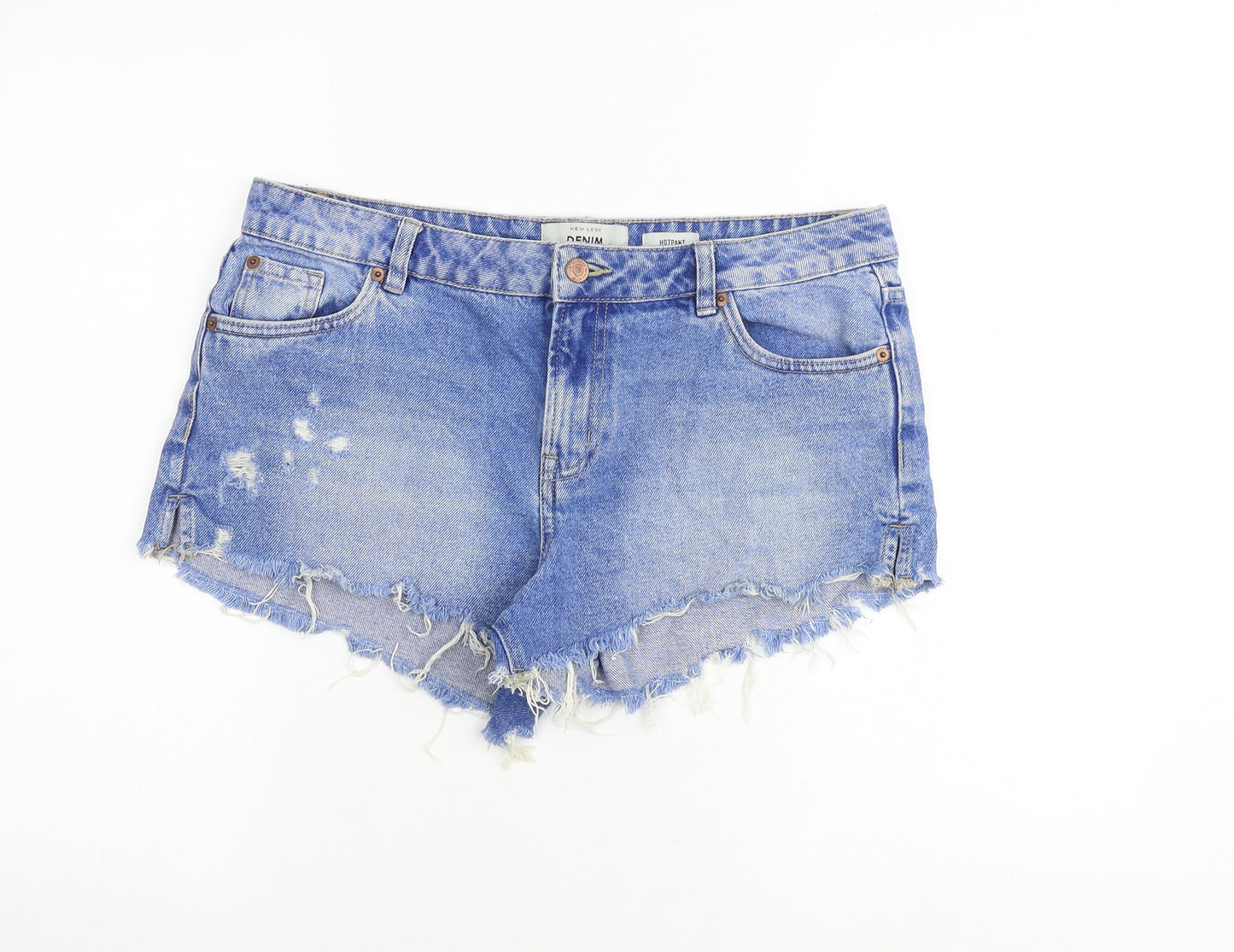 New Look Womens Blue Cotton Hot Pants Shorts Size 14 Regular Zip - Raw Hems