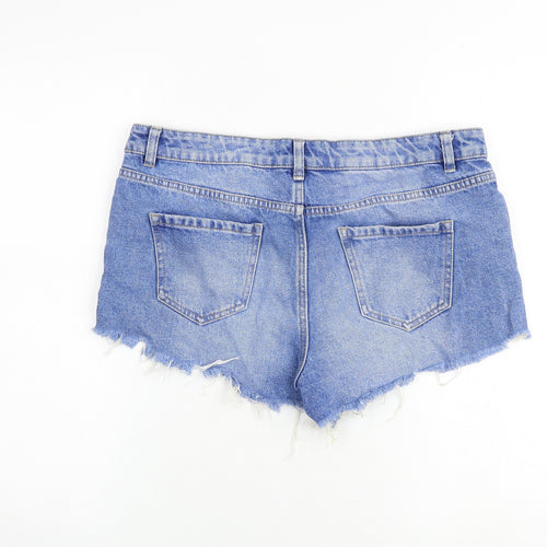 New Look Womens Blue Cotton Hot Pants Shorts Size 14 Regular Zip - Raw Hems