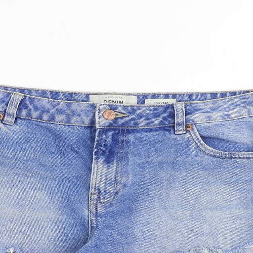 New Look Womens Blue Cotton Hot Pants Shorts Size 14 Regular Zip - Raw Hems