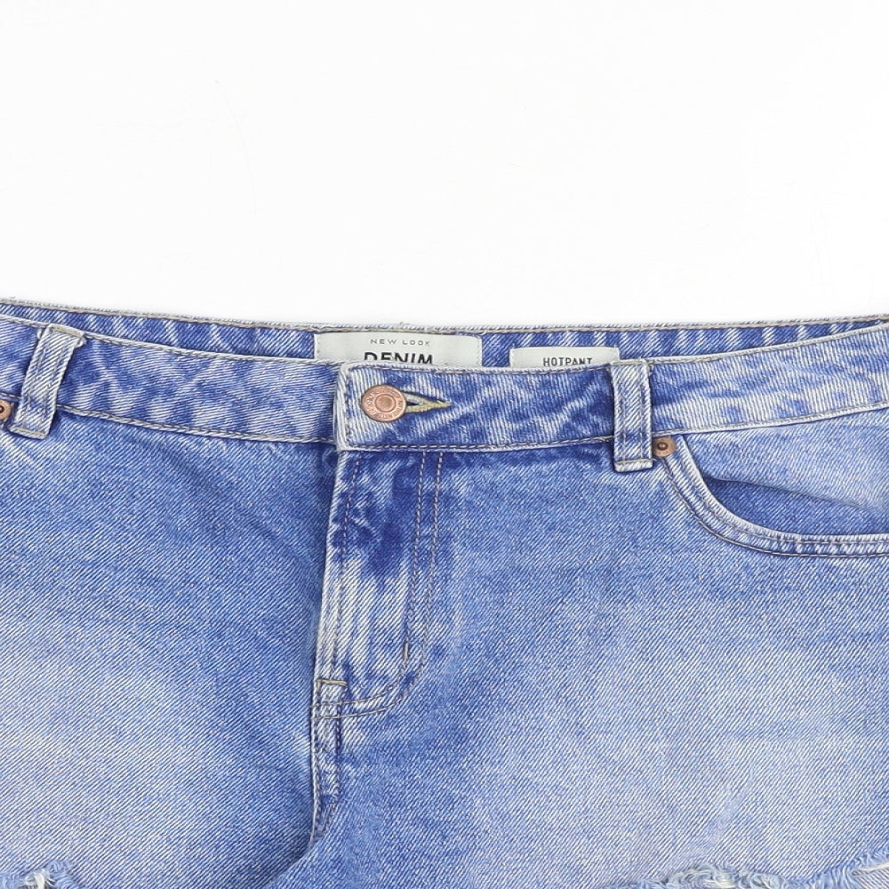 New Look Womens Blue Cotton Hot Pants Shorts Size 14 Regular Zip - Raw Hems