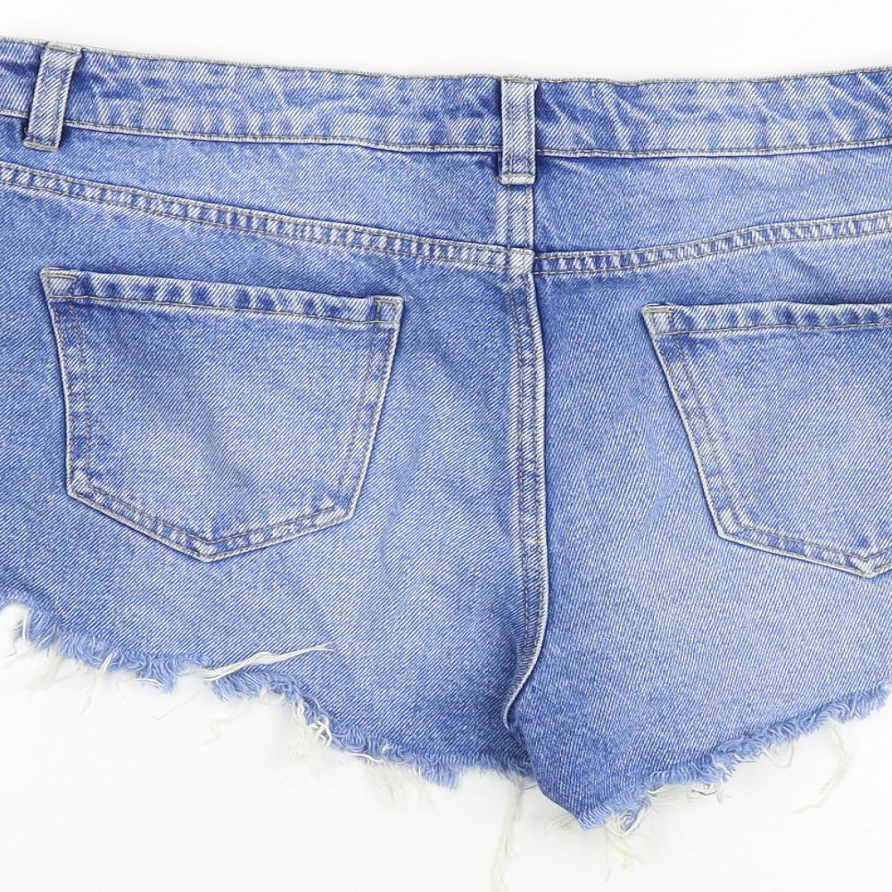 New Look Womens Blue Cotton Hot Pants Shorts Size 14 Regular Zip - Raw Hems