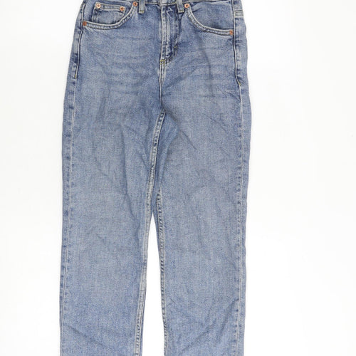 Topshop Womens Blue Cotton Straight Jeans Size 24 in L28 in Regular Zip - Frayed Hem