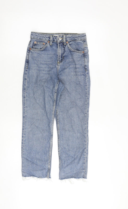 Front view of Topshop women’s blue cotton straight jeans, size UK 24, in, 28-inch leg regular zip - frayed hem