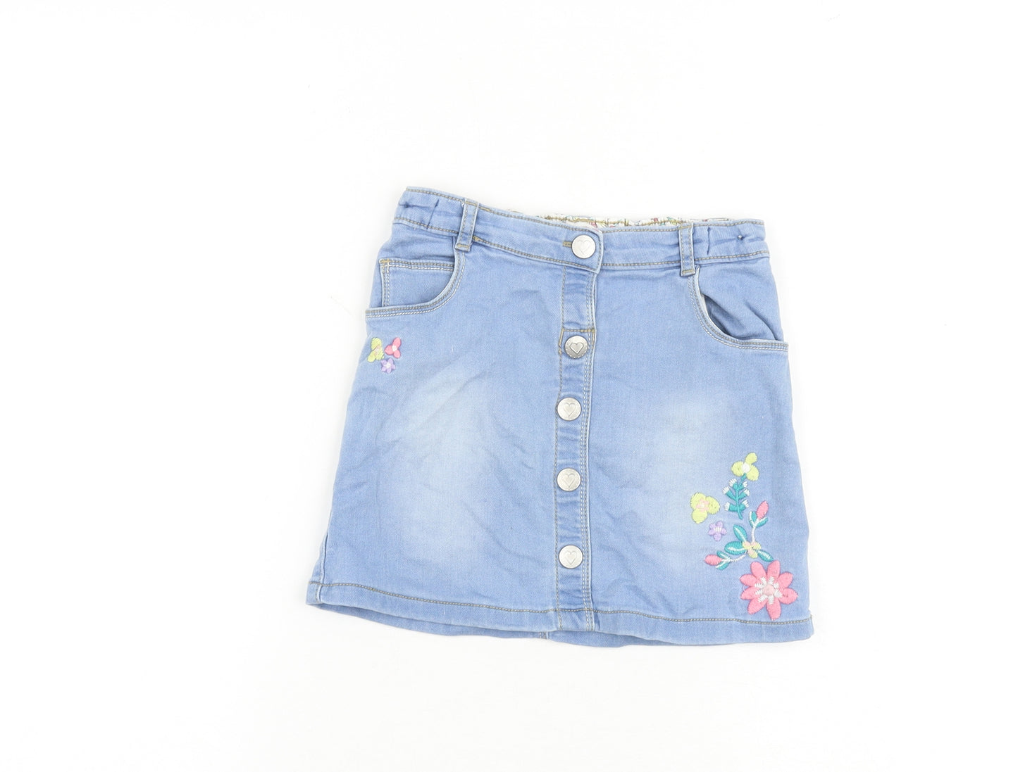 Nutmeg Girls Blue Cotton Straight & Pencil Skirt Size 5-6 Years Regular Button - Floral Detail