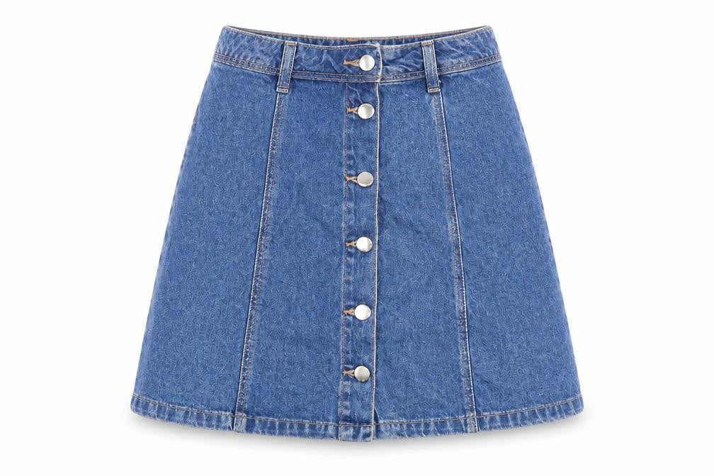 Front view of H&M women’s blue cotton a-line skirt, size UK 6, button