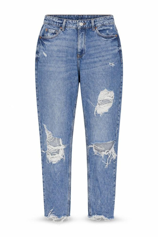 Front view of Denim & Co. women’s blue cotton mom jeans, size UK 10, regular zip