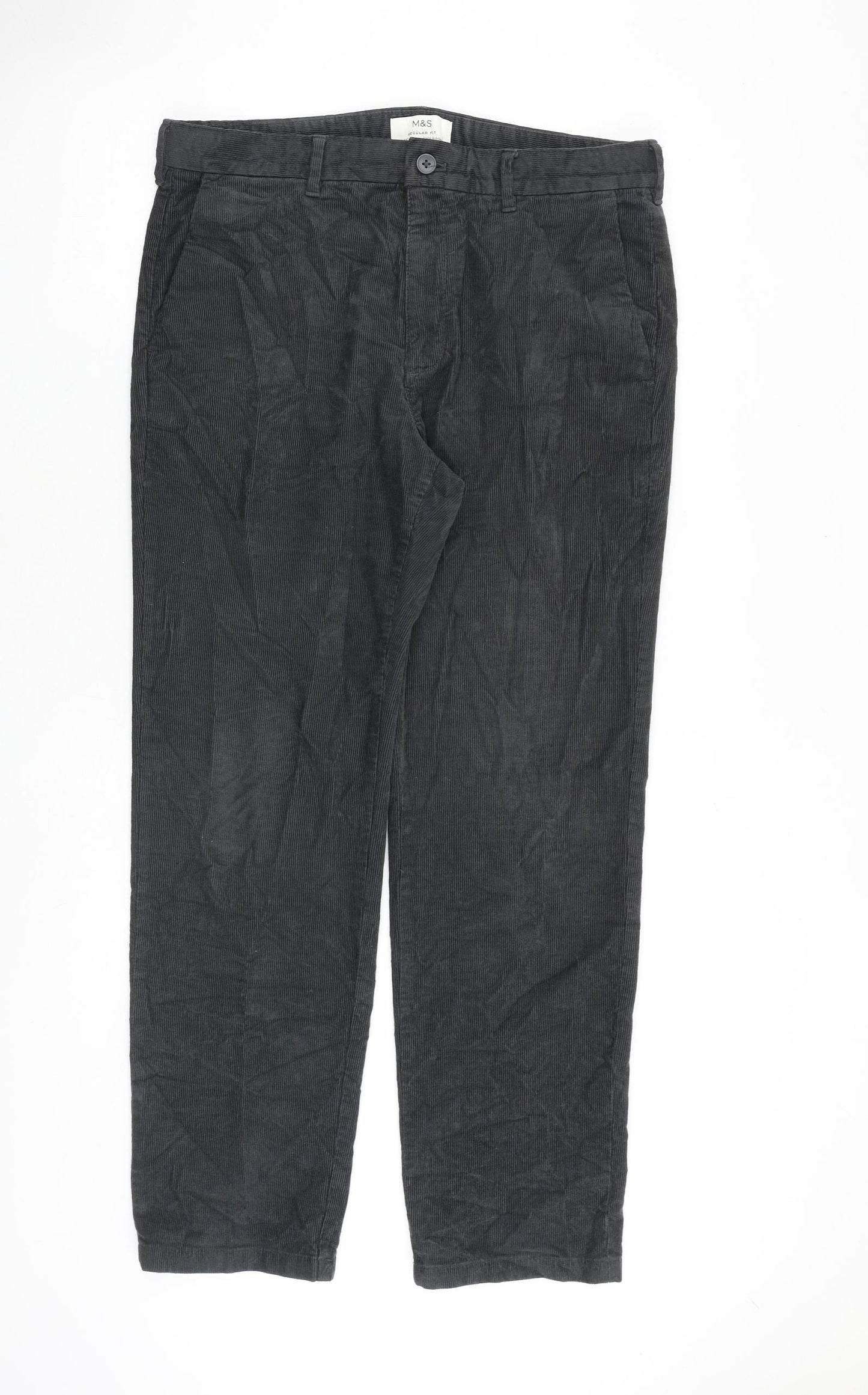 Marks and Spencer Mens Grey Cotton Trousers Size 34 in L31 in Regular Zip
