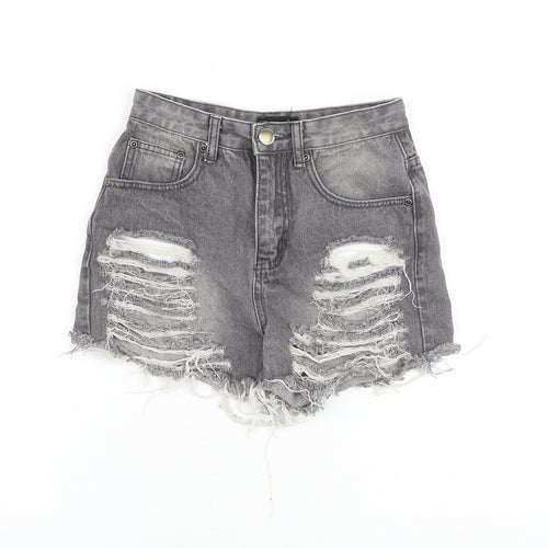 PRETTYLITTLETHING Womens Grey Cotton Boyfriend Shorts Size 6 Regular Zip - Distressed Look Raw Hems