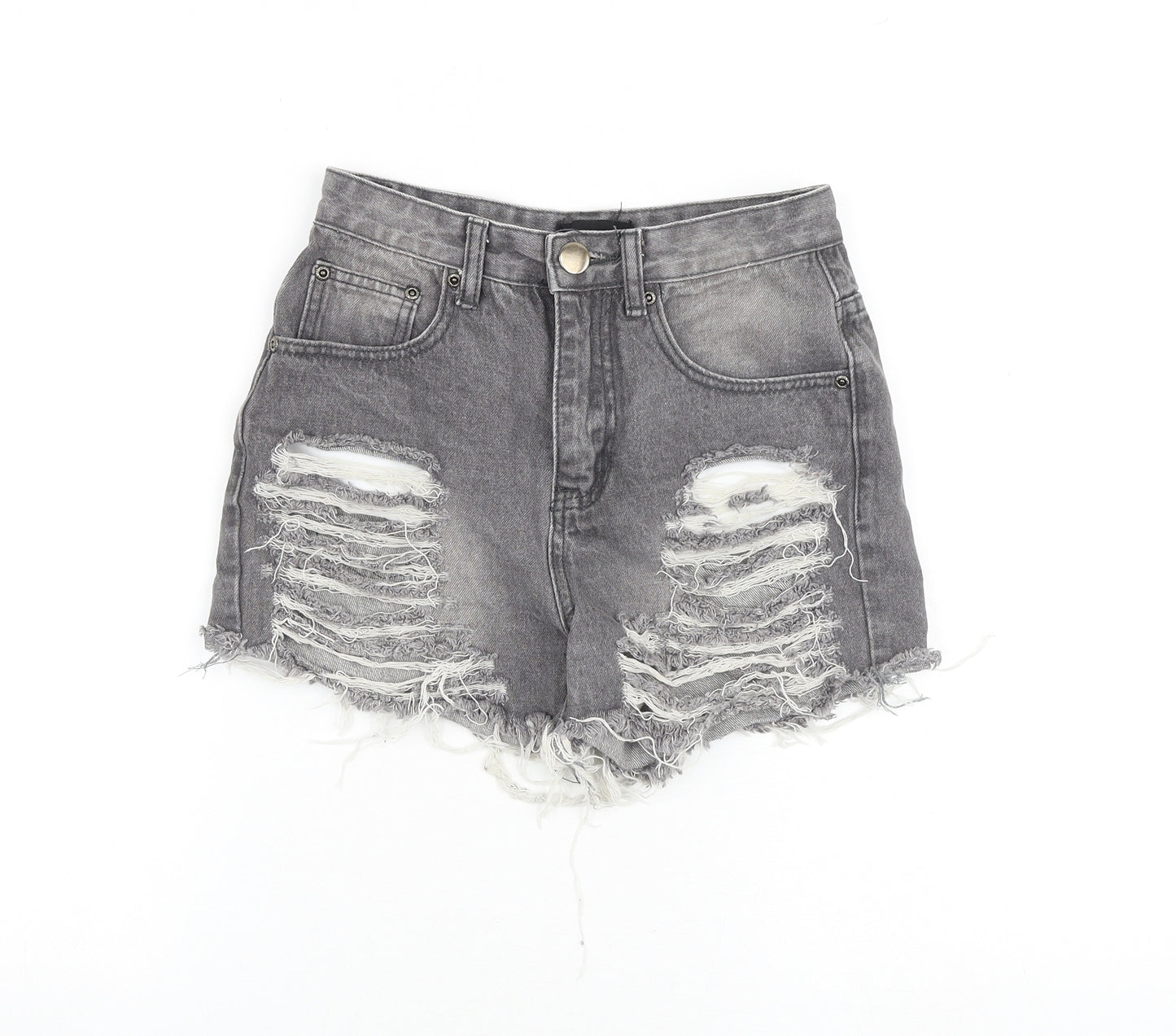 PRETTYLITTLETHING Womens Grey Cotton Boyfriend Shorts Size 6 Regular Zip - Distressed Look Raw Hems