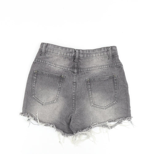 PRETTYLITTLETHING Womens Grey Cotton Boyfriend Shorts Size 6 Regular Zip - Distressed Look Raw Hems