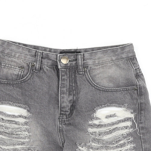 PRETTYLITTLETHING Womens Grey Cotton Boyfriend Shorts Size 6 Regular Zip - Distressed Look Raw Hems