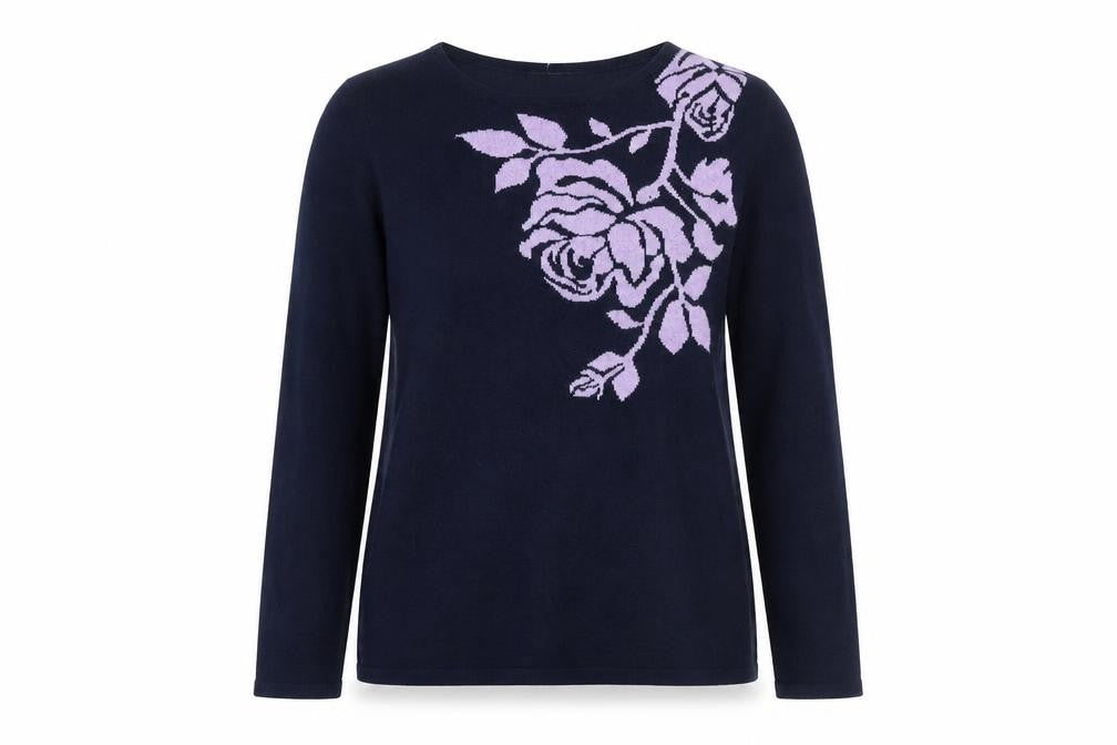 Front view of M&Co women’s blue round neck floral polyester jumper, size UK 10, - flower print