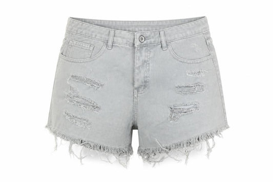 Front view of Toxik3 women’s grey cotton boyfriend shorts, size UK 14, regular zip - distressed look raw hems