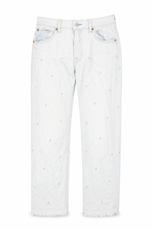 Front view of Gap women’s blue floral cotton straight jeans, size UK 6, regular zip