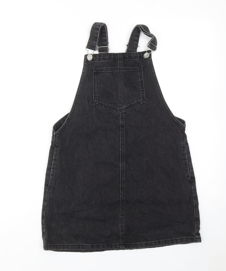 Topshop Womens Black Cotton Pinafore/Dungaree Dress Size 8 Square Neck Buckle