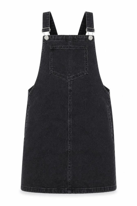 Front view of Topshop women’s black cotton pinafore/dungaree dress, size UK 8, square neck buckle