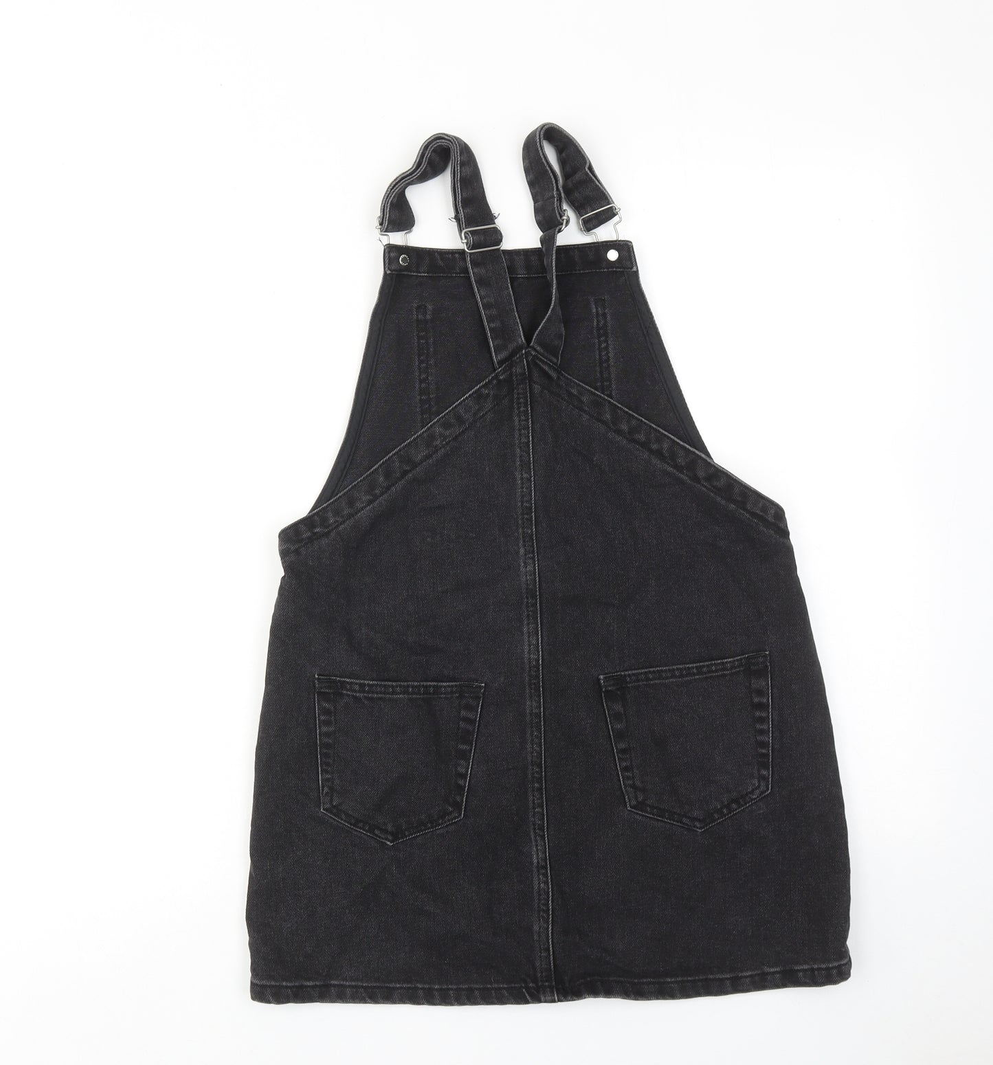 Topshop Womens Black Cotton Pinafore/Dungaree Dress Size 8 Square Neck Buckle