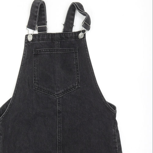 Topshop Womens Black Cotton Pinafore/Dungaree Dress Size 8 Square Neck Buckle