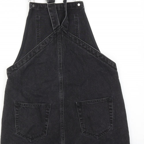 Topshop Womens Black Cotton Pinafore/Dungaree Dress Size 8 Square Neck Buckle