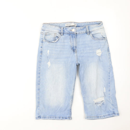 NEXT Womens Blue Cotton Skimmer Shorts Size 12 Regular Zip - Distressed Look