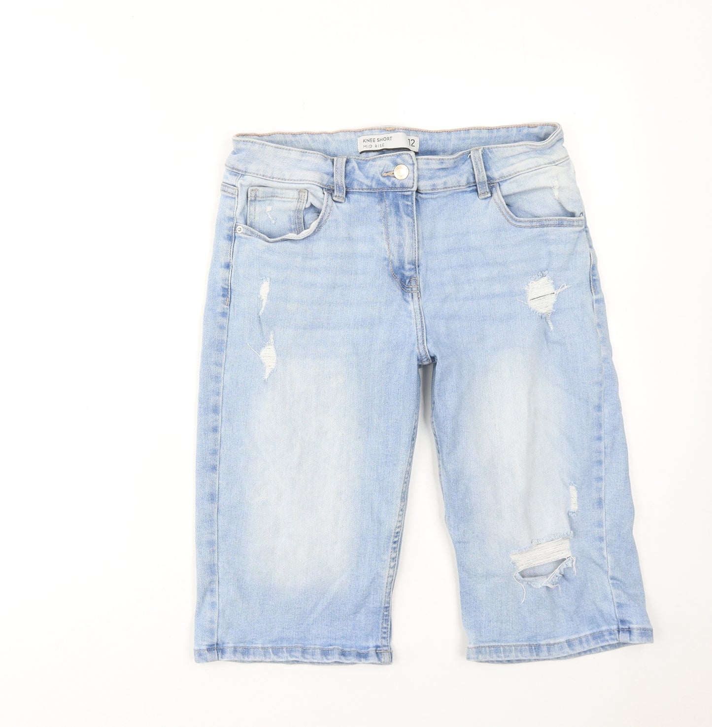NEXT Womens Blue Cotton Skimmer Shorts Size 12 Regular Zip - Distressed Look