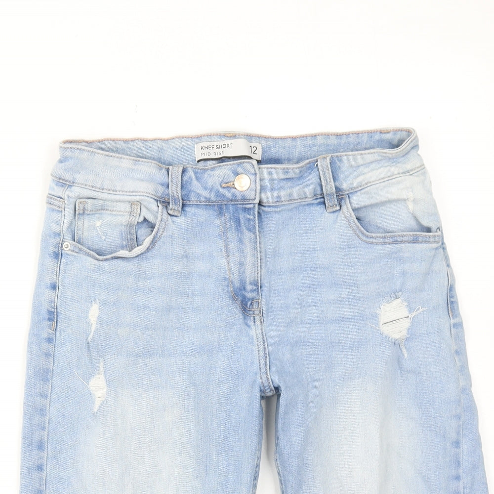 NEXT Womens Blue Cotton Skimmer Shorts Size 12 Regular Zip - Distressed Look
