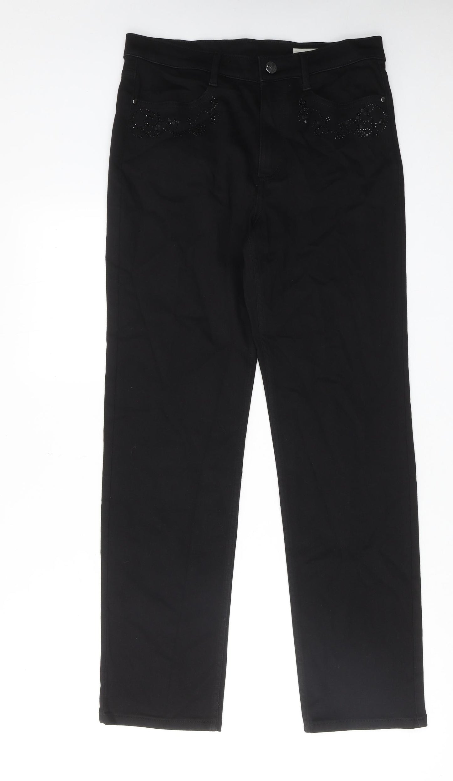 Marks and Spencer Womens Black Cotton Straight Jeans Size 12 Regular Zip
