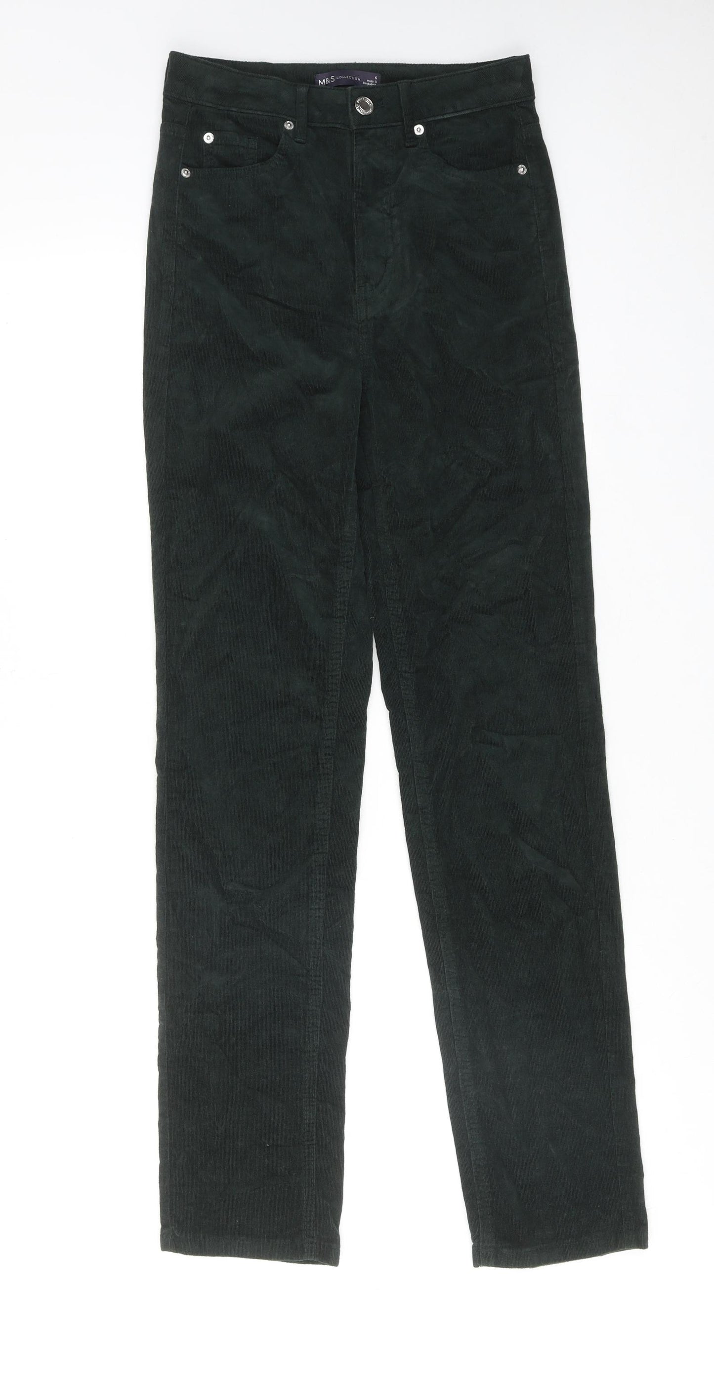 Marks and Spencer Womens Green Cotton Trousers Size 6 L31 in Regular Zip