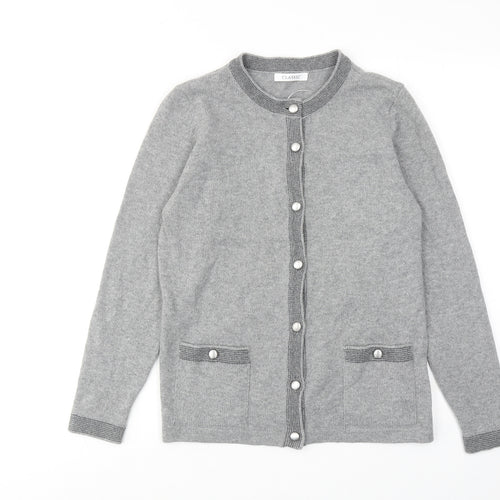 Classic Womens Grey Round Neck Acrylic Cardigan Jumper Size 10