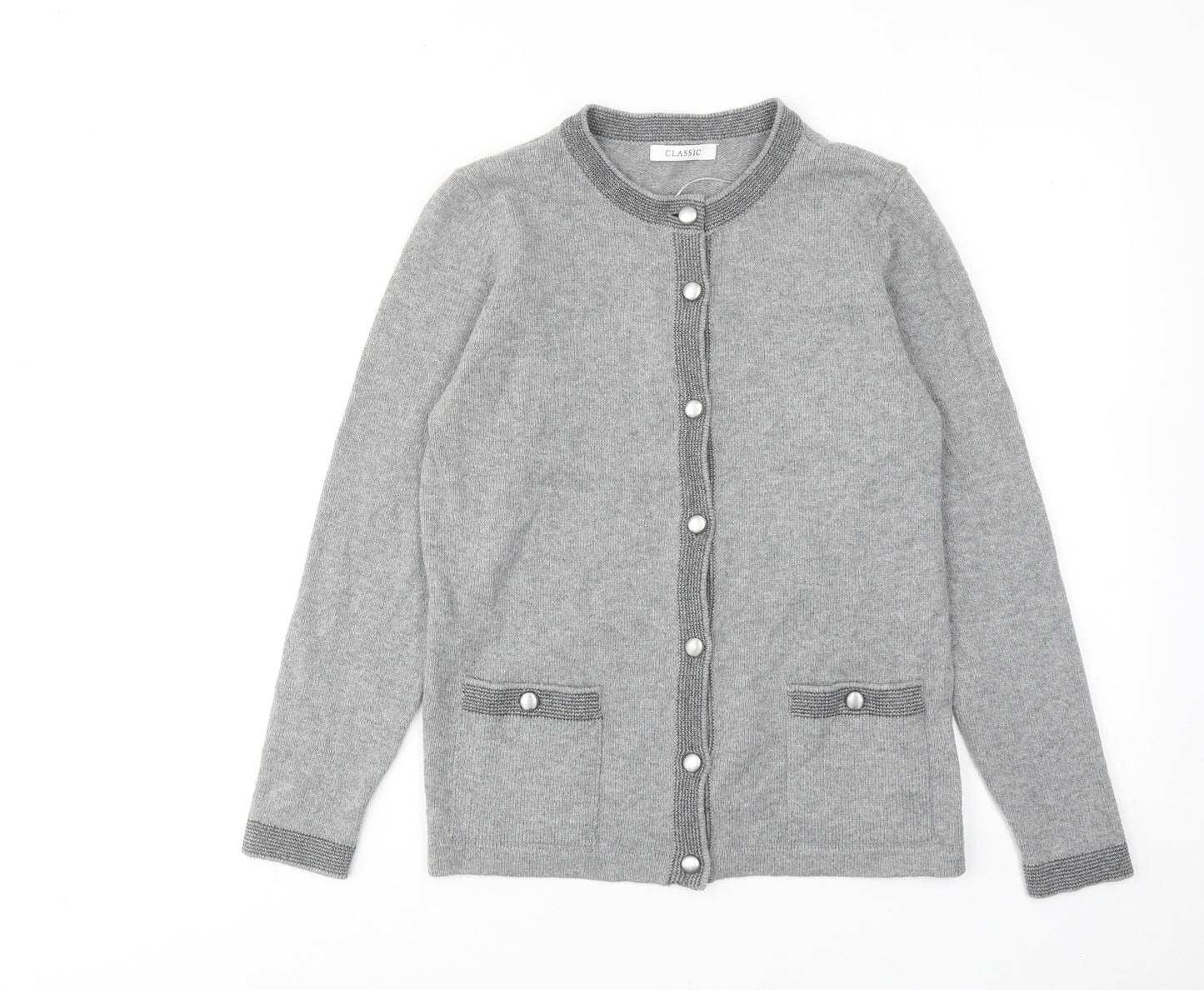 Classic Womens Grey Round Neck Acrylic Cardigan Jumper Size 10