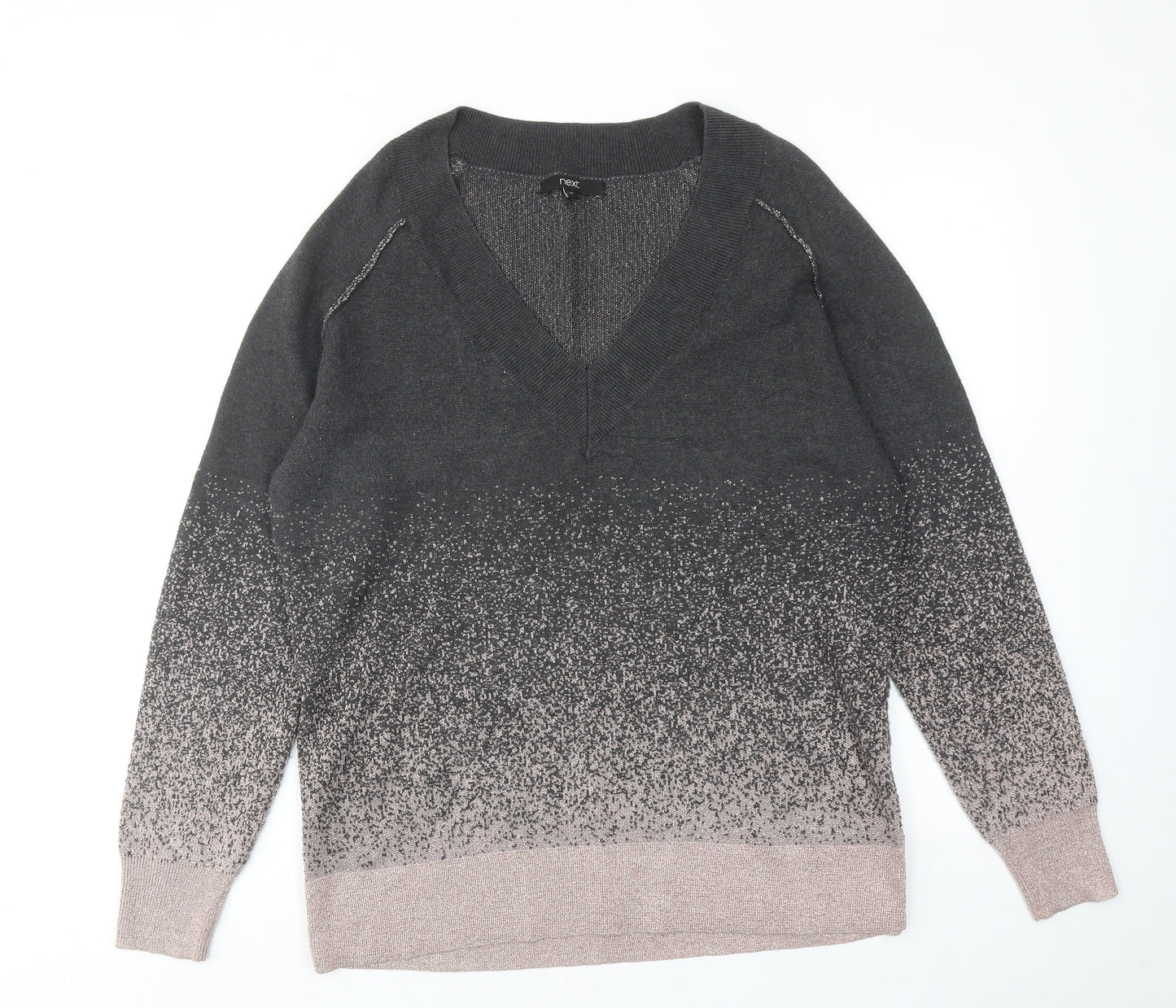 NEXT Womens Grey V-Neck Geometric Cotton Pullover Jumper Size 14