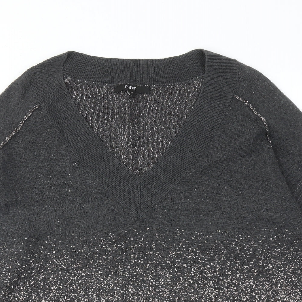 NEXT Womens Grey V-Neck Geometric Cotton Pullover Jumper Size 14