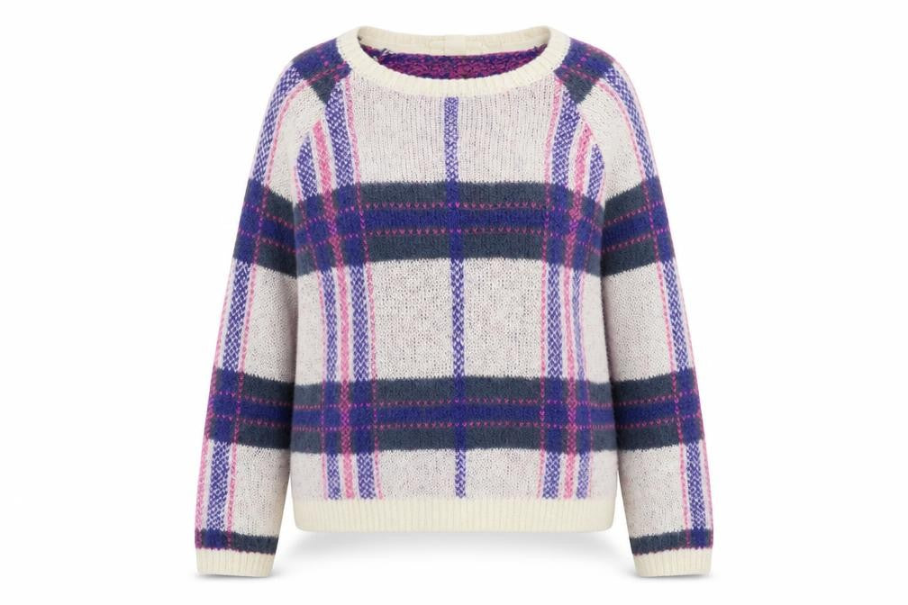 Front view of H&M women’s purple round neck geometric acrylic jumper, size XL