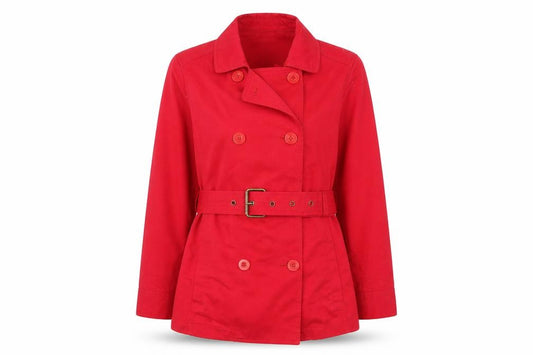 Front view of Essentials Style women’s red jacket, size UK 12, button