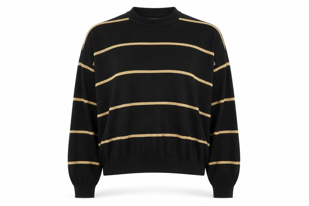 Front view of Loon women’s black round neck striped acrylic jumper, size XL