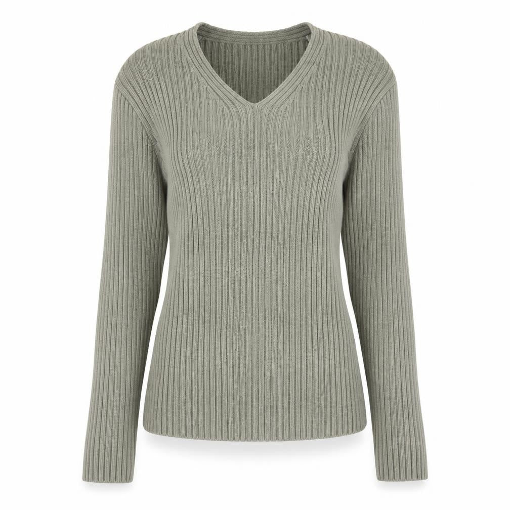 Front view of NAF NAF women’s green v-neck cotton jumper, size L